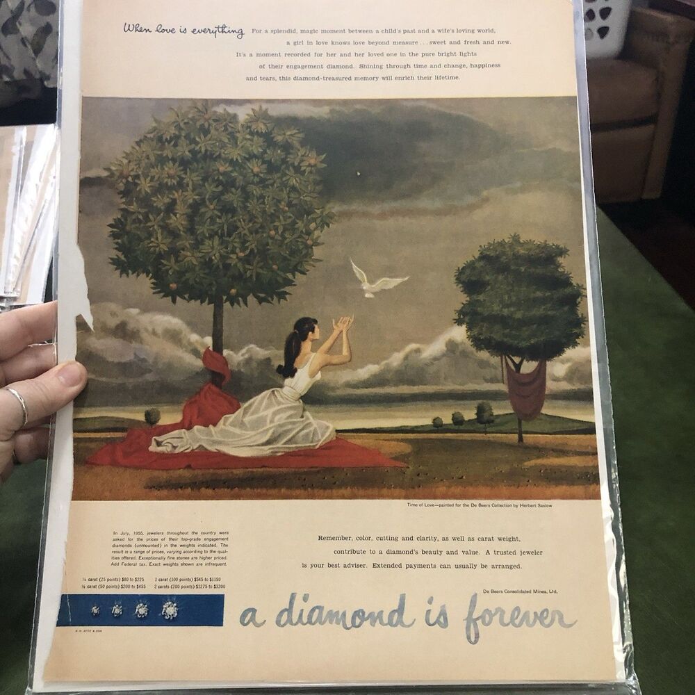 Vintage 1950s Double Ad For De Beers “A Diamond Is Forever”& Simmons Hide A Bed￼